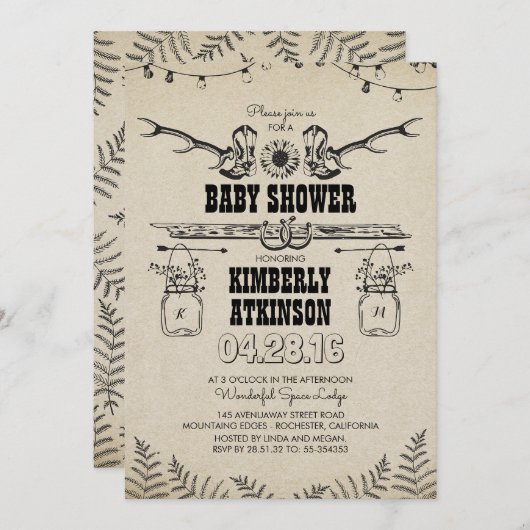 カウボーイ・ブーツの素朴な国のベビーシャワー 招待状 (正面/裏面)