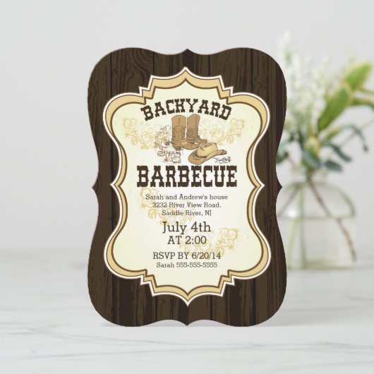 カウボーイ・ブーツの西部の裏庭のバーベキューの招待状 招待状 (スタンド正面)