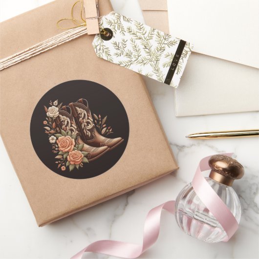 カウボーイ・ブーツ付きの田舎西部の花 – ラウンドシール (ギフト)