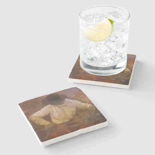 カウボーイ-ブーツ、野生の馬及び西部の日没 ストーンコースター (横)