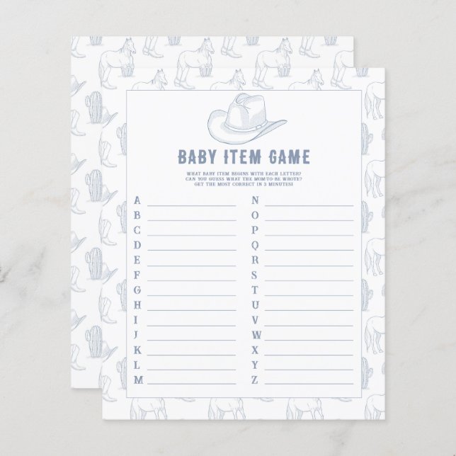 カウボーイ – ベビーアイテムのゲーム。赤ちゃんシャワーゲーム (正面/裏面)