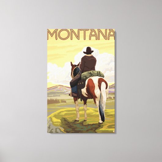カウボーイ&ホースモンタナヴィンテージ旅行ポスター キャンバスプリント (正面)