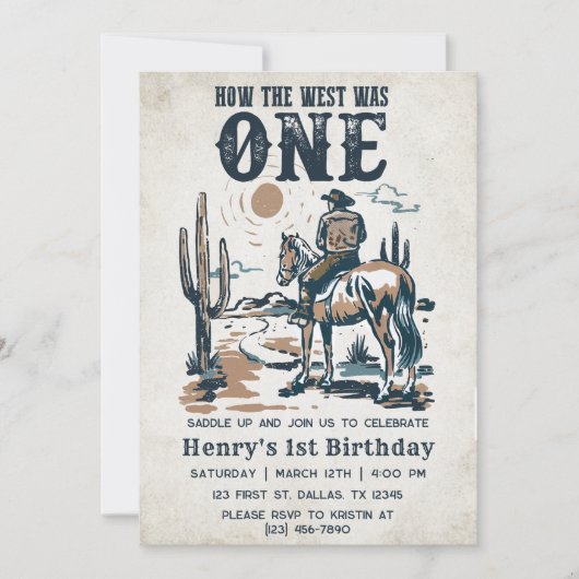 カウボーイ・ロデオ1歳の誕生日どのように西は1だった 招待状 (正面)