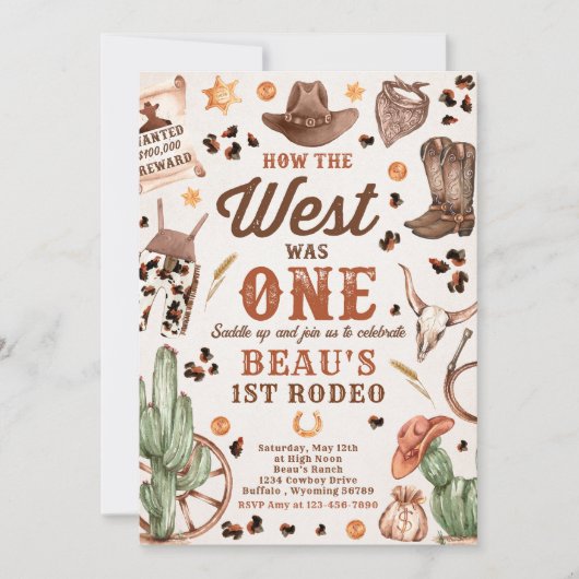 カウボーイ・ロデオ1歳の誕生日どのように西は1だった 招待状 (正面)