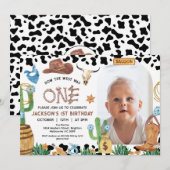 カウボーイ・ロデオ1歳誕生日 ラスティック ブラックカウプリント 招待状 (正面/裏面)