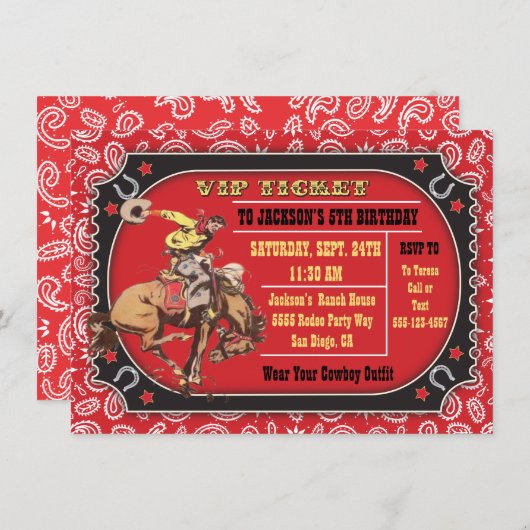 カウボーイ・ロデオ・ウェスタン誕生日パーティー 招待状 (正面/裏面)