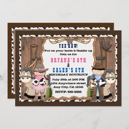 カウボーイ&女性のカーボーイウェスタン誕生日パーティーの招待 招待状 (正面/裏面)