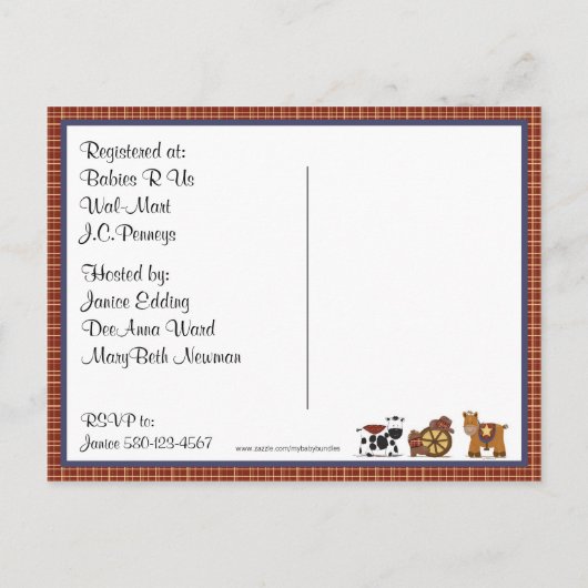 カウボーイ/女性のカーボーイベビーシャワー招待状 インビテーションポストカード (裏面)