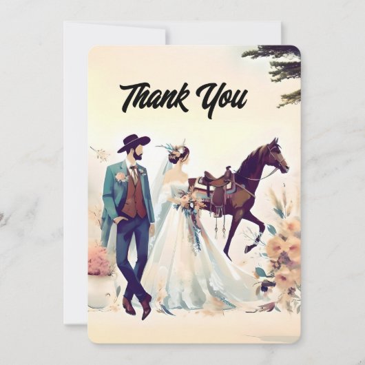 カウボーイ、花嫁と馬ありがとう結婚。 サンキューカード (正面)