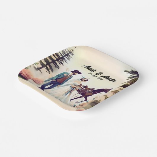 カウボーイ、花嫁と馬結婚の ペーパープレート (傾斜あり)