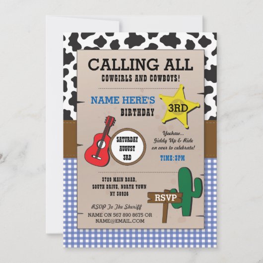 カウボーズブルーチェック誕生日シェリフウェスタン招待状 招待状 (正面)