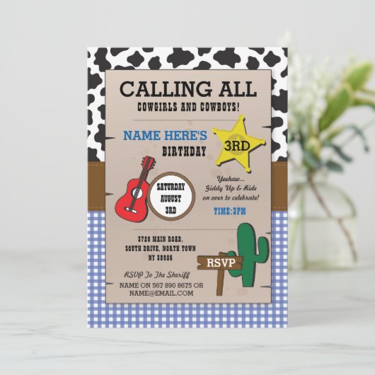 カウボーズブルーチェック誕生日シェリフウェスタン招待状 招待状 (スタンド正面)