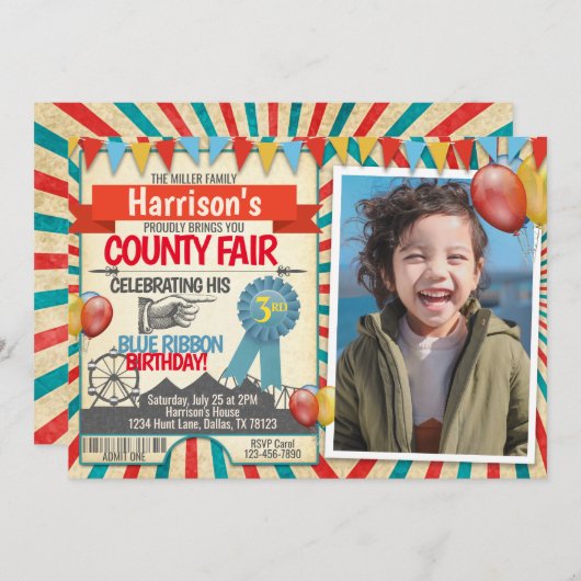 カウンティーフェアの誕生日のパーティの招待状の招待 招待状 (正面/裏面)