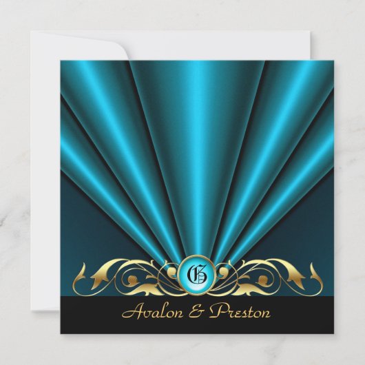 カウンテスティール(緑がかった色)シルクギャザー金ゴールドスクロール招待状 招待状 (正面)