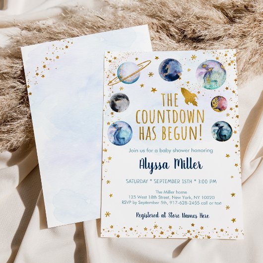 カウントダウンが青い金ゴールド宇宙赤ちゃんシャワーを開始した 招待状