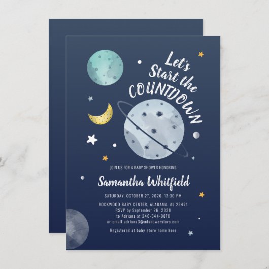 カウントダウンモダン宇宙アウター銀河系ベビーシャワー 招待状 (正面/裏面)