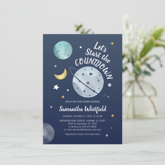 カウントダウンモダン宇宙アウター銀河系ベビーシャワー 招待状 (スタンド正面)