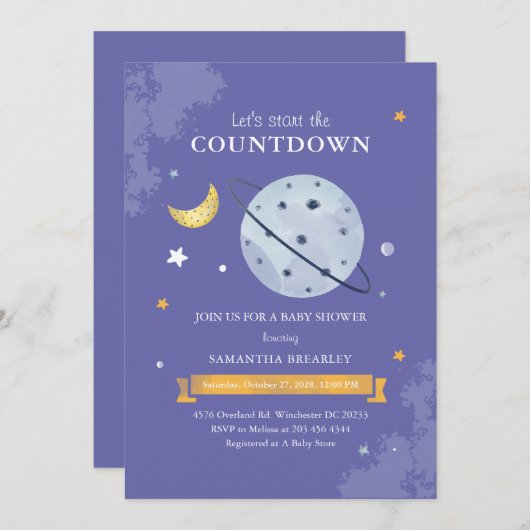 カウントダウン宇宙ベビーシャワーを開始しよう 招待状 (正面/裏面)