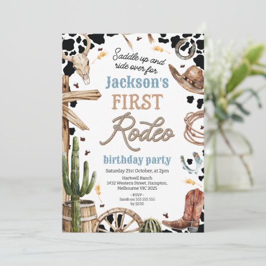 カウー素朴プリントウェスタン最初のロデオ1歳の誕生日 招待状 (スタンド正面)