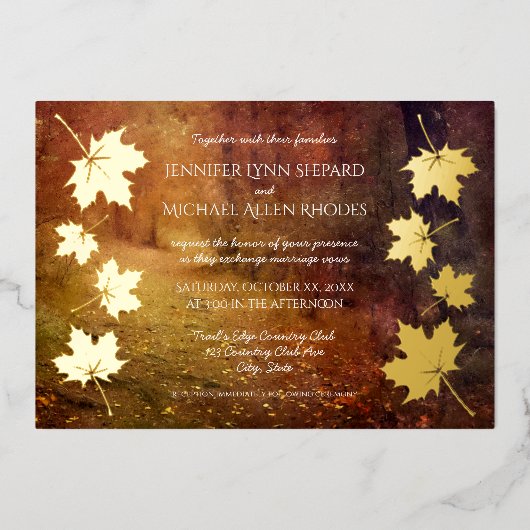 カエデの実を落とす葉秋の遊歩道結婚 箔招待状 (正面)