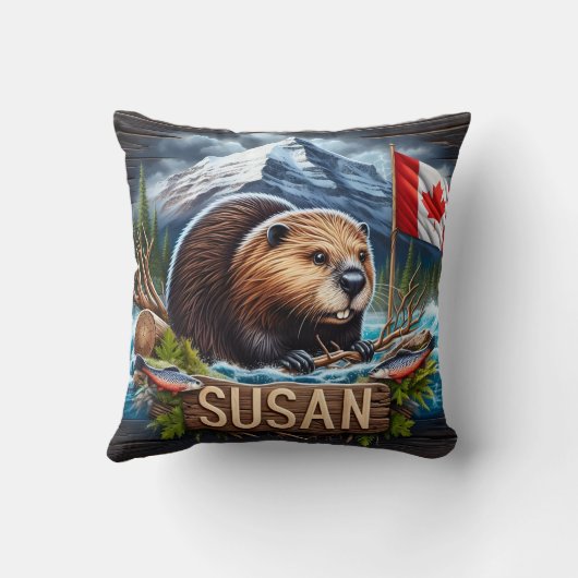 カエデの葉の旗と水の近くのカナダビーバー クッション (裏面)