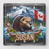 カエデの葉の旗と水の近くのカナダビーバー スクエア壁時計 (正面)