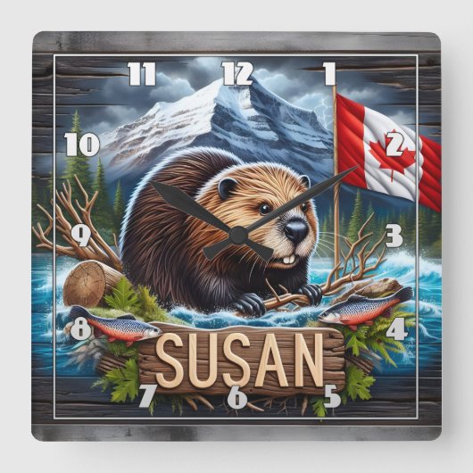 カエデの葉の旗と水の近くのカナダビーバー スクエア壁時計 (正面)