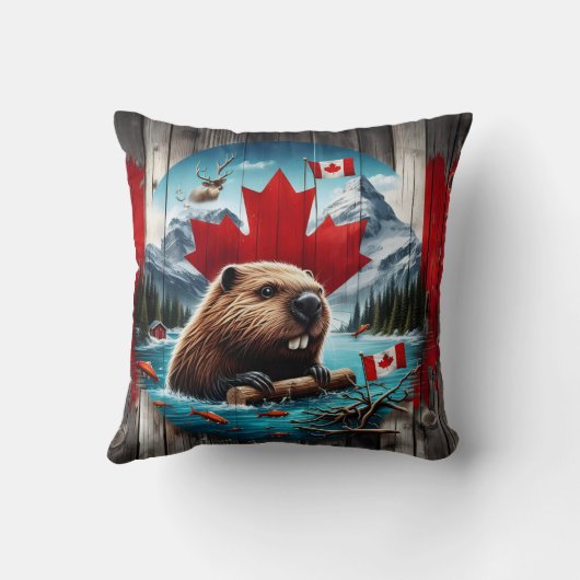 カエデの葉の背景の前のカナダビーバー クッション (裏面)