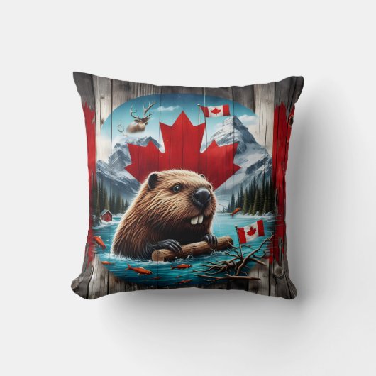 カエデの葉の背景の前のカナダビーバー クッション (正面)
