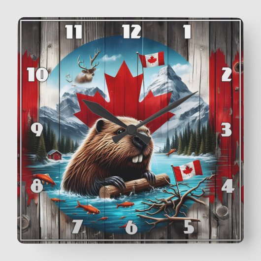 カエデの葉の背景の前のカナダビーバー スクエア壁時計 (正面)