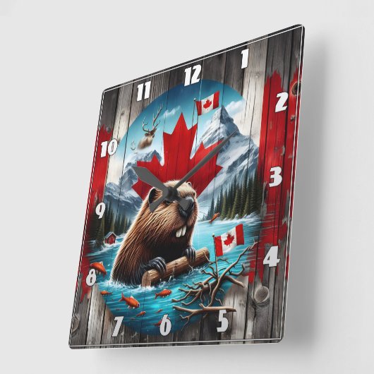カエデの葉の背景の前のカナダビーバー スクエア壁時計 (傾斜)