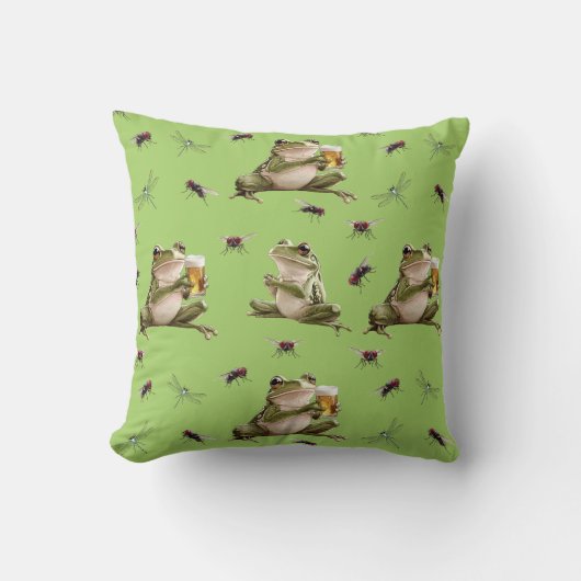 カエルおもしろいとトンボのライトグリーン模様 クッション (正面)