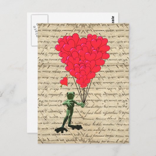 カエルおもしろいとハートの風船 ポストカード (正面/裏面)