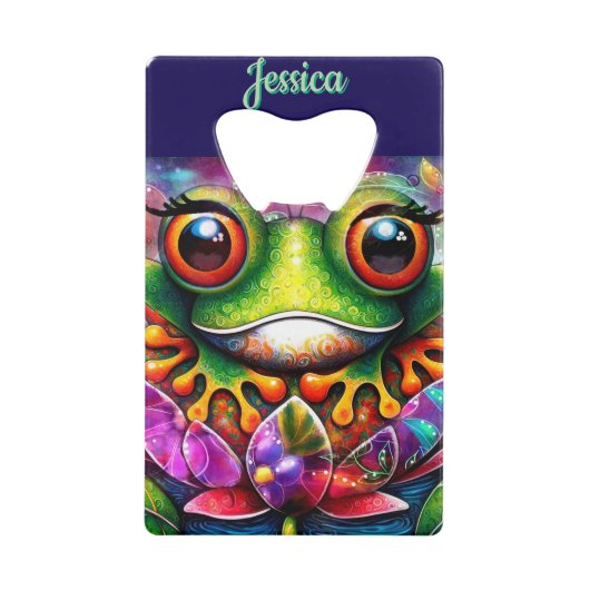 カエルお洒落抽象芸術フローラパーソナライズされたカエル クレジットカード栓抜き (正面)