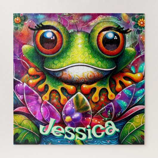 カエルお洒落抽象芸術フローラパーソナライズされたカエル ジグソーパズル (縦)