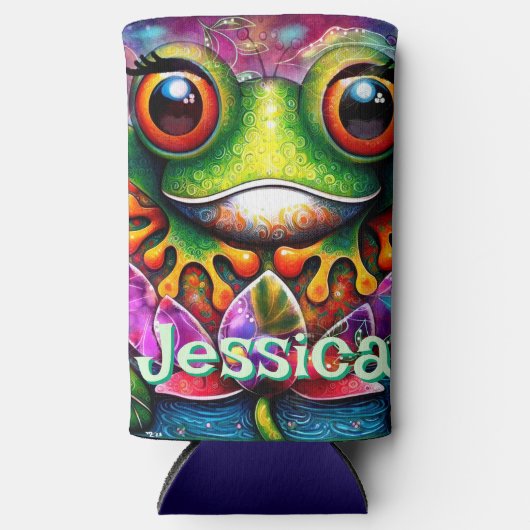 カエルお洒落抽象芸術フローラパーソナライズされたカエル スリム缶クーラー (正面)