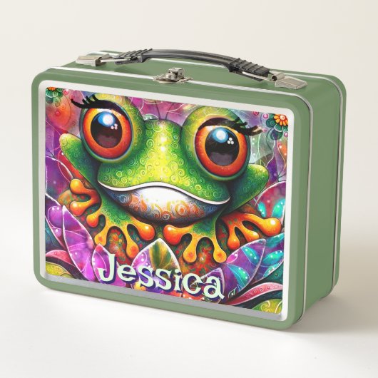 カエルお洒落抽象芸術フローラパーソナライズされた メタルランチボックス (正面)