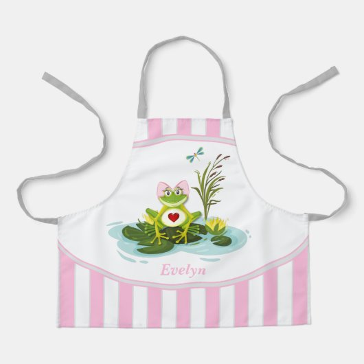 カエルお洒落 |ピンクストライプののパーソナライズされた子供 エプロン (正面)