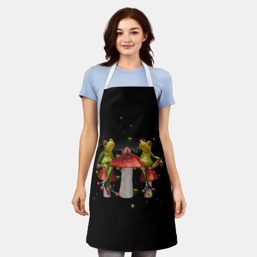 カエルがお茶を飲むキノコ綿の美学 エプロン (着用した状態)
