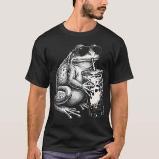 カエルがアイスコーヒーを飲む面白い動物デザイン Tシャツ