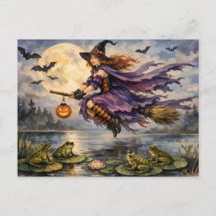 カエルが泳ぐ池の上を飛ぶハロウィンの魔女 ポストカード