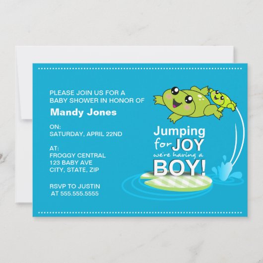 カエルが飛び跳ねて喜ぶ青少年のベビーシャワー 招待状 (正面)