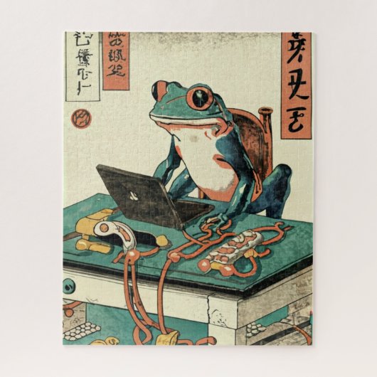 カエルがPCゲームをする、浮世絵のカエルアート、カエル ジグソーパズル (縦)
