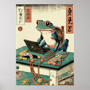 カエルがPCゲームをする、浮世絵のカエルアート、カエル ポスター