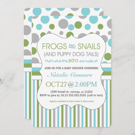 カエルとカタツムリのボーイベビーシャワー招待状3471 招待状 (正面/裏面)