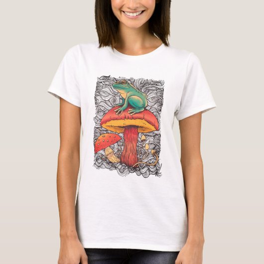 カエルとキノコのかわいいカントリーデザイン Tシャツ (正面)