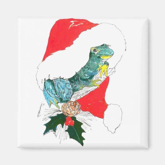 カエルとクリスマスハットのホリデーシーズン印刷 マグネット (正面)