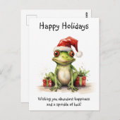 カエルとサンタハットギフト包まれたハッピーホリデー ポストカード (正面/裏面)