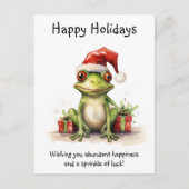 カエルとサンタハットギフト包まれたハッピーホリデー ポストカード (正面)