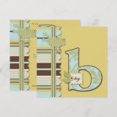 カエルとプリントのベビーストライプシャワー付きモノグラム 招待状 (正面/裏面)